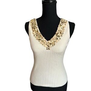White House Black Market V-neck Fitted Cream Gold Sparkly Neck Sequins Top Sz  S